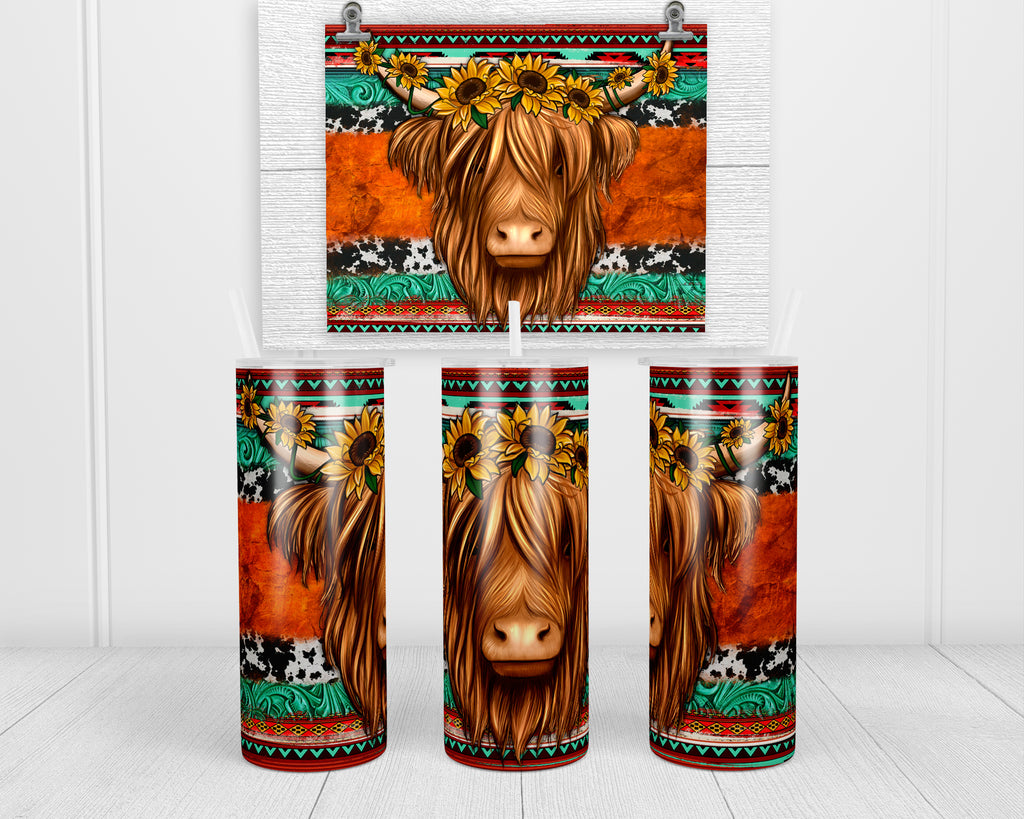 Sunflower Highland Cow 20 oz insulated tumbler with lid and straw - Sew Lucky Embroidery