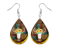 Sunflower Cattle Skull Earrings - Sew Lucky Embroidery
