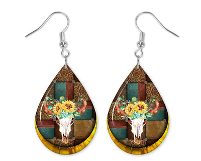 Sunflower Cattle Skull Earrings