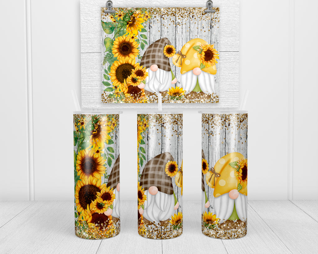 Sunflower Gnome 20 oz insulated tumbler with lid and straw - Sew Lucky Embroidery