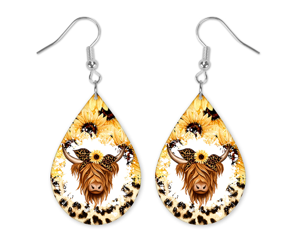 Sunflower and Leopard Highland Cow Teardrop Earrings - Sew Lucky Embroidery