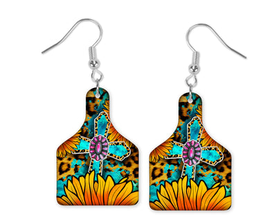 Sunflower Leopard Cross Cow Tag Earrings