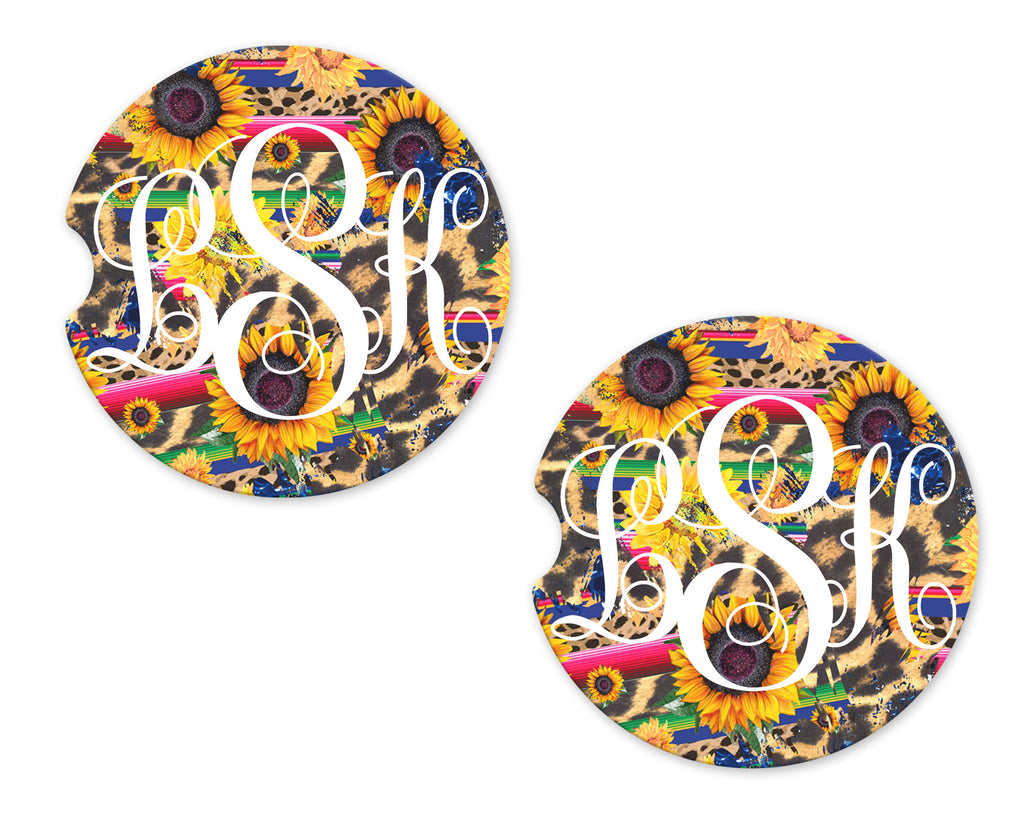 Sunflower and Serape Print Personalized Sandstone Car Coasters - Sew Lucky Embroidery