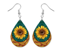 Sunflower on Swirls Teardrop Earrings - Sew Lucky Embroidery