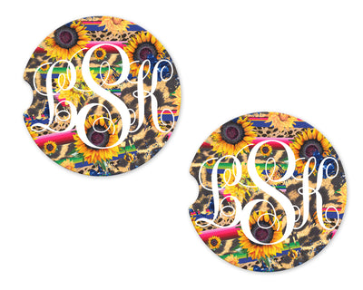 Sunflower and Serape Print Personalized Sandstone Car Coasters (Set of Two)