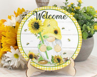 Sunflower Gnome Welcome Tier Tray Sign and Stand - Sew Lucky Embroidery