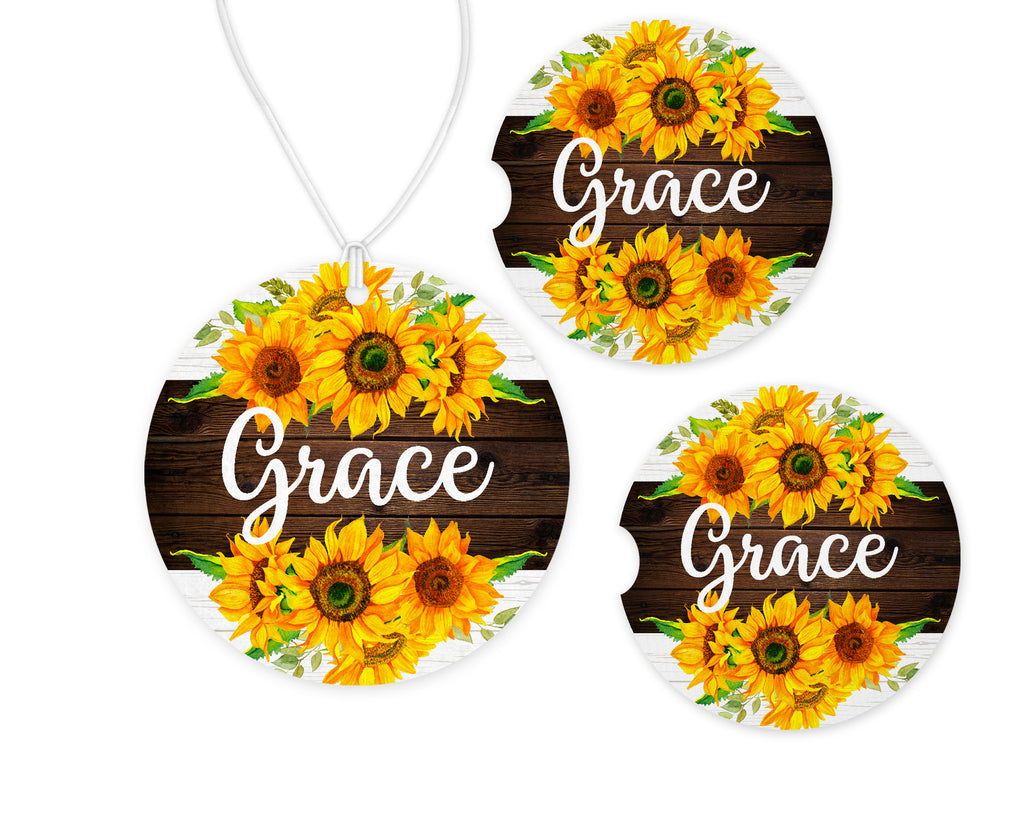 Sunflowers Car Charm and set of 2 Sandstone Car Coasters Personalized - Sew Lucky Embroidery