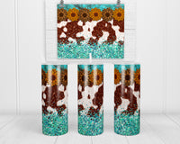 Sunflowers Cowhide Teal 20 oz insulated tumbler with lid and straw - Sew Lucky Embroidery