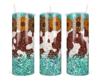 Sunflowers Cowhide Teal 20 oz insulated tumbler with lid and straw - Sew Lucky Embroidery