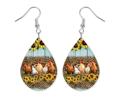 Sunflowers and Chicken Teardrop Earrings