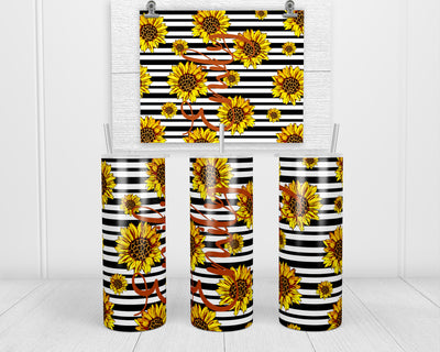 Sunflowers and Stripes Personalized 20 oz Insulated Tumbler with Lid and Straw