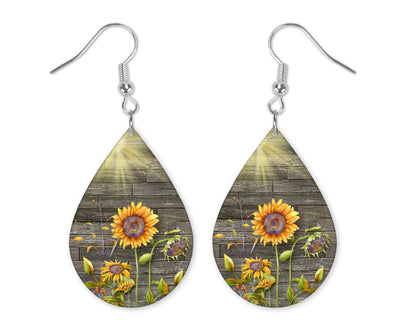 Sunflowers on Wood Design Teardrop Earrings