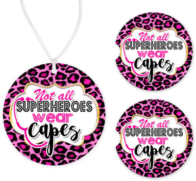 Superhero Nurse Pink Leopard Car Charm and set of 2 Sandstone Car Coasters