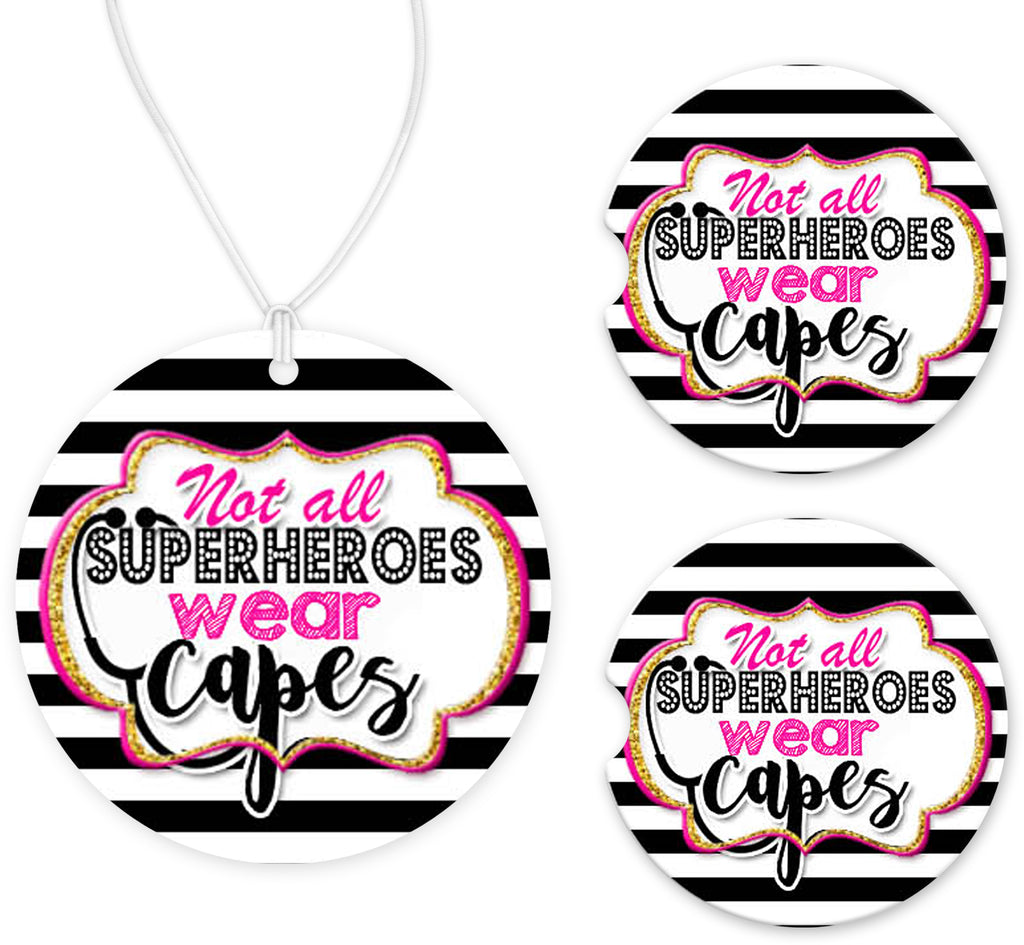 Superhero Nurse Stripes Car Charm and set of 2 Sandstone Car Coasters - Sew Lucky Embroidery