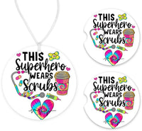 Superhero Scrubs Car Charm and set of 2 Sandstone Car Coasters - Sew Lucky Embroidery