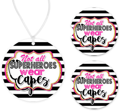 Superhero Nurse Stripes Car Charm and set of 2 Sandstone Car Coasters