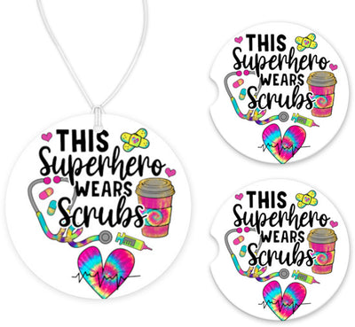 Superhero Scrubs Car Charm and set of 2 Sandstone Car Coasters