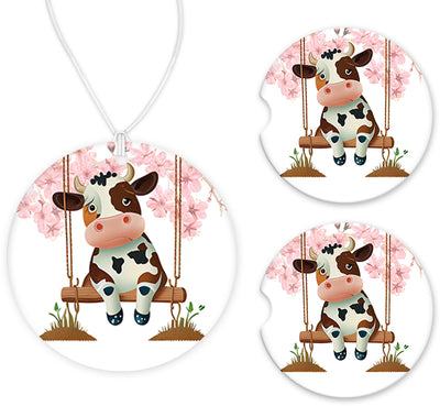 Swinging Cow Car Charm and set of 2 Sandstone Car Coasters