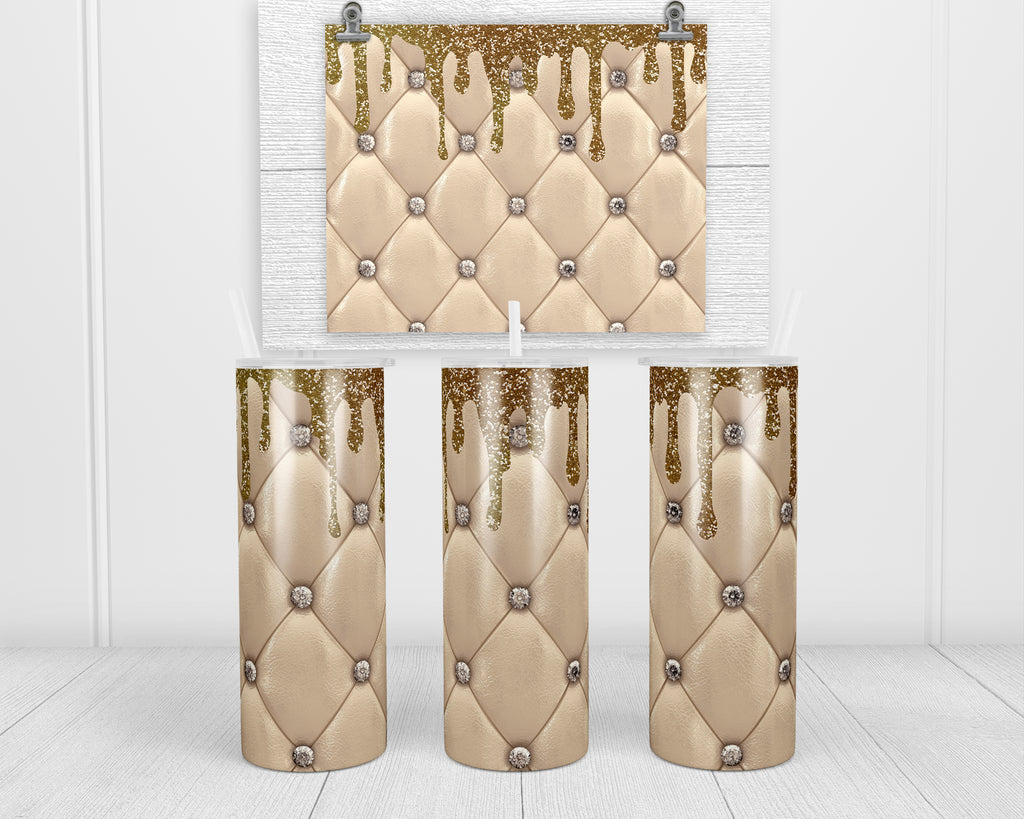Tan Leather with Rhinestone and Gold Drip 20 oz insulated tumbler with lid and straw - Sew Lucky Embroidery