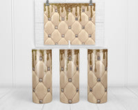 Tan Leather with Rhinestone and Gold Drip 20 oz insulated tumbler with lid and straw - Sew Lucky Embroidery