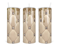 Tan Leather with Rhinestone and Gold Drip 20 oz insulated tumbler with lid and straw - Sew Lucky Embroidery