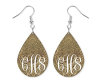 Tan Floral Damask Monogrammed Teardrop Earrings