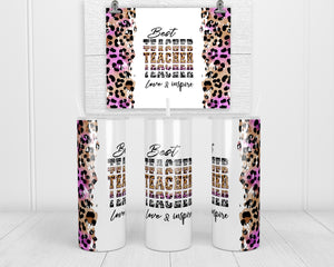 Teacher Leopard 20 oz insulated tumbler with lid and straw - Sew Lucky Embroidery
