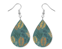 Teal Background with Leaves Teardrop Earrings