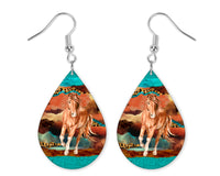 Teal Horse Teardrop Earrings - Sew Lucky Embroidery