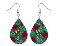 Teal Leopard Floral Teardrop Earrings - Sew Lucky Embroidery