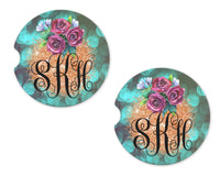 Teal Marquee and Gold Glitter Personalized Sandstone Car Coasters - Sew Lucky Embroidery