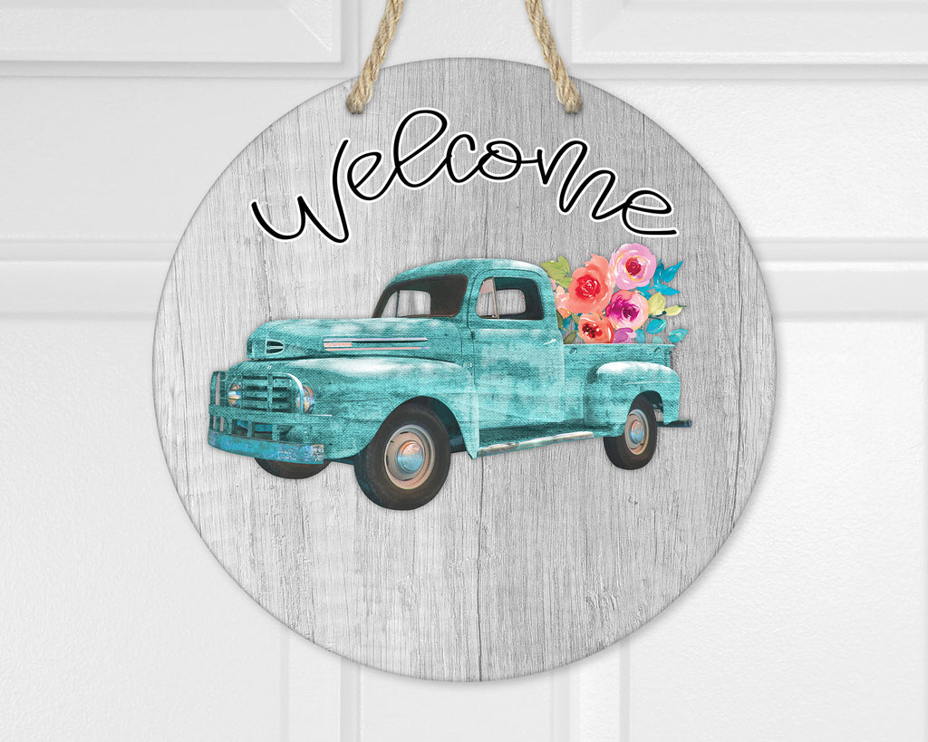 Teal Truck Welcome Door Hanger - Sew Lucky Embroidery