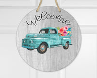 Teal Truck Welcome Door Hanger - Sew Lucky Embroidery