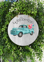 Teal Truck Welcome Door Hanger - Sew Lucky Embroidery