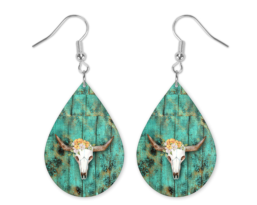 Teal Wood Cow Skull Teardrop Earrings - Sew Lucky Embroidery