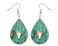 Teal Wood Cow Skull Teardrop Earrings - Sew Lucky Embroidery