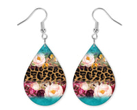 Teal and Leopard Flowers Teardrop Earrings - Sew Lucky Embroidery