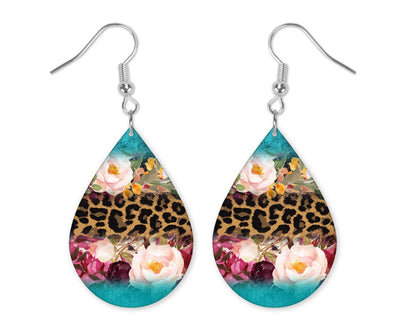 Teal and Leopard Flowers Teardrop Earrings