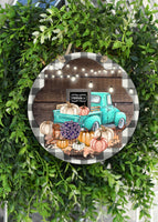 Teal Pumpkin Truck Fall Door Hanger - Sew Lucky Embroidery