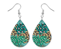 Teal and Green Cheetah Teardrop Earrings