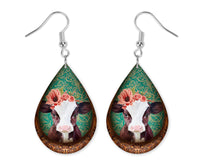 Teal Floral Calf Teardrop Earrings - Sew Lucky Embroidery