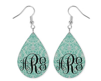 Teal Floral Monogrammed Teardrop Earrings