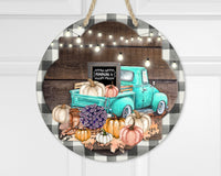 Teal Pumpkin Truck Fall Door Hanger - Sew Lucky Embroidery