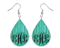 Teal Wood Monogrammed Teardrop Earrings