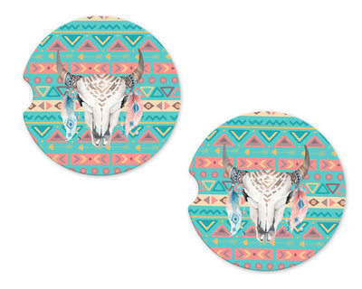 Tribal Skull Sandstone Car Coasters (Set of Two)
