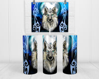 Tribal Wolf 20 oz insulated tumbler with lid and straw - Sew Lucky Embroidery