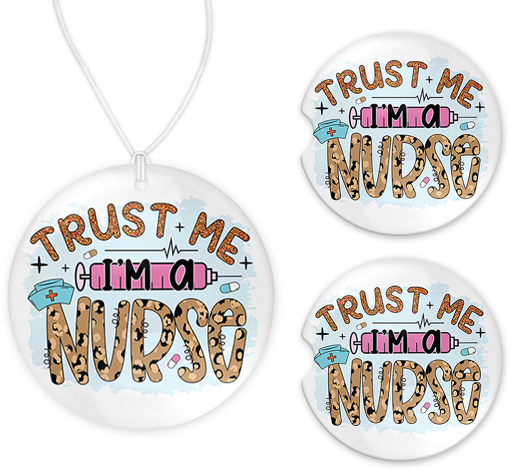Trust Me Nurse Car Charm and set of 2 Sandstone Car Coasters - Sew Lucky Embroidery