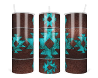 Turquoise Aztec 20 oz insulated tumbler with lid and straw - Sew Lucky Embroidery