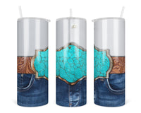 Turquoise Buckle Jeans 20 oz insulated tumbler with lid and straw - Sew Lucky Embroidery