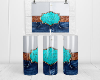 Turquoise Buckle Jeans 20 oz insulated tumbler with lid and straw